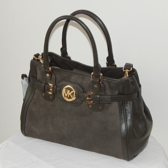 MICHAEL KORS HUDSON Leather Suede Large Tote Satchel Shoulder BAG Dark Olive NWT - Picture 10 of 14